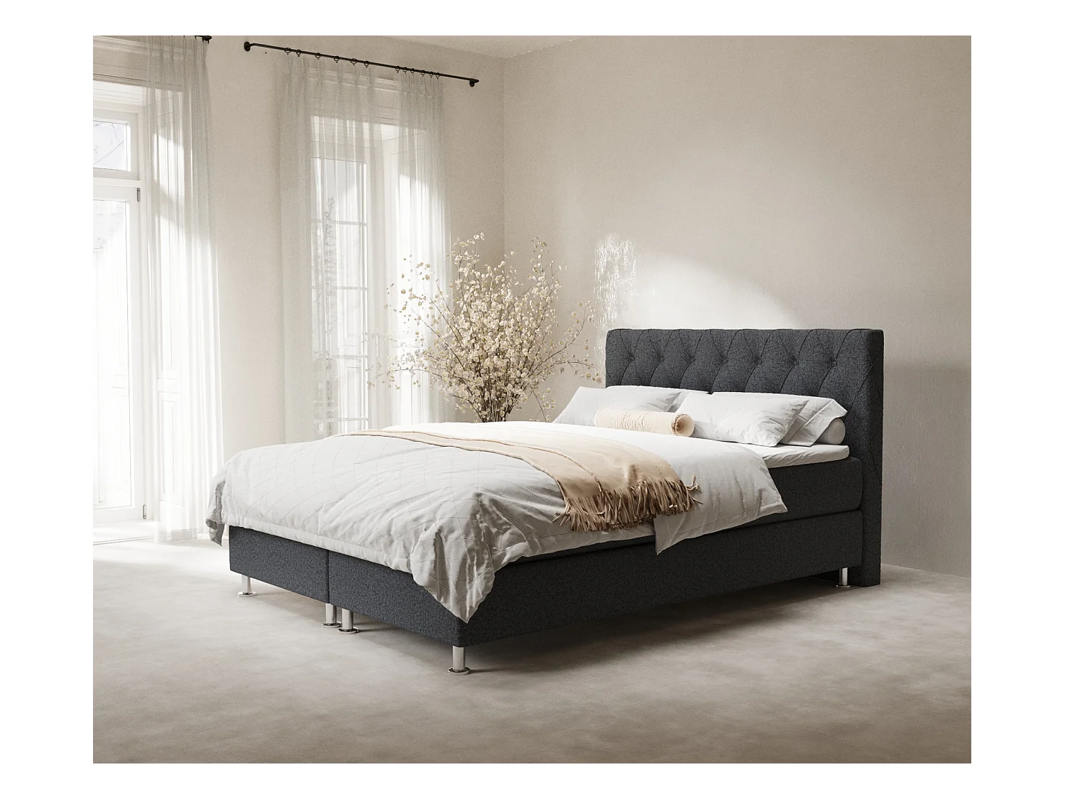 Lit boxspring en toile tissée Otus - matelas - surmatelas - 160x200 cm - noir
