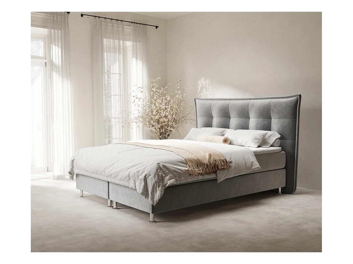 Lit boxspring en tissu velours Minori - matelas - surmatelas - 160x200 cm - gris