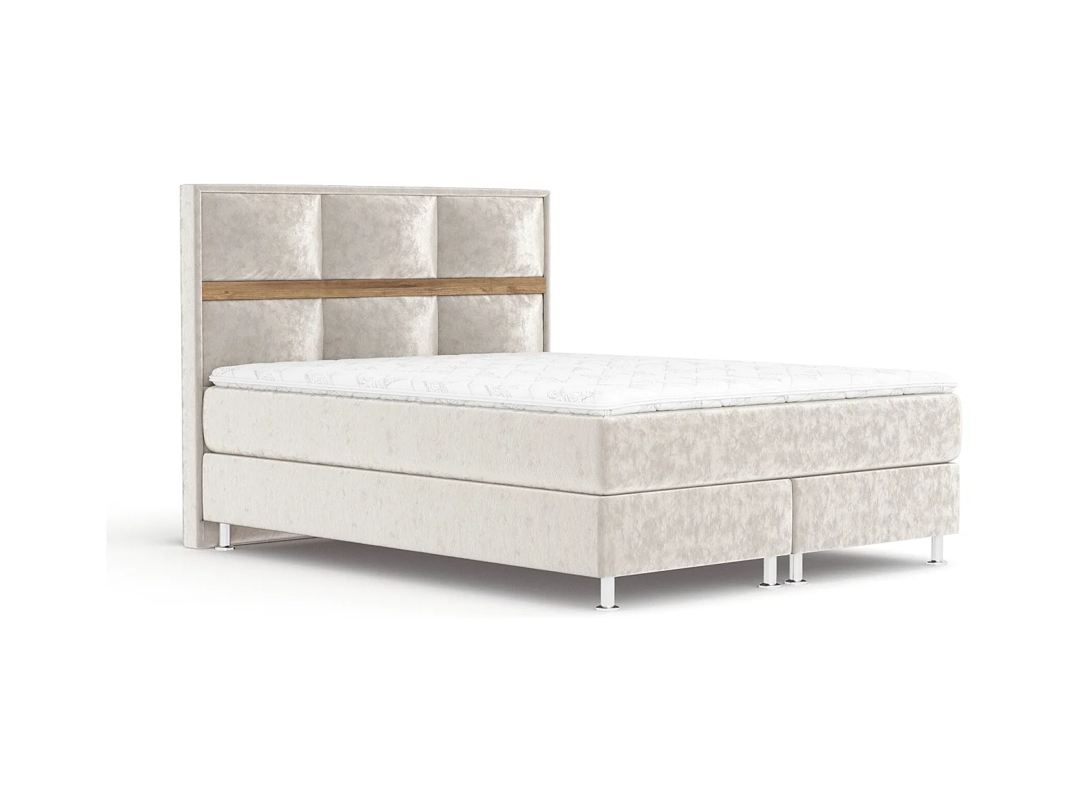 Boxspringbett aus Samtstoff Soto - Matratze - Toppermatratze - 140x200 cm - hellbeige