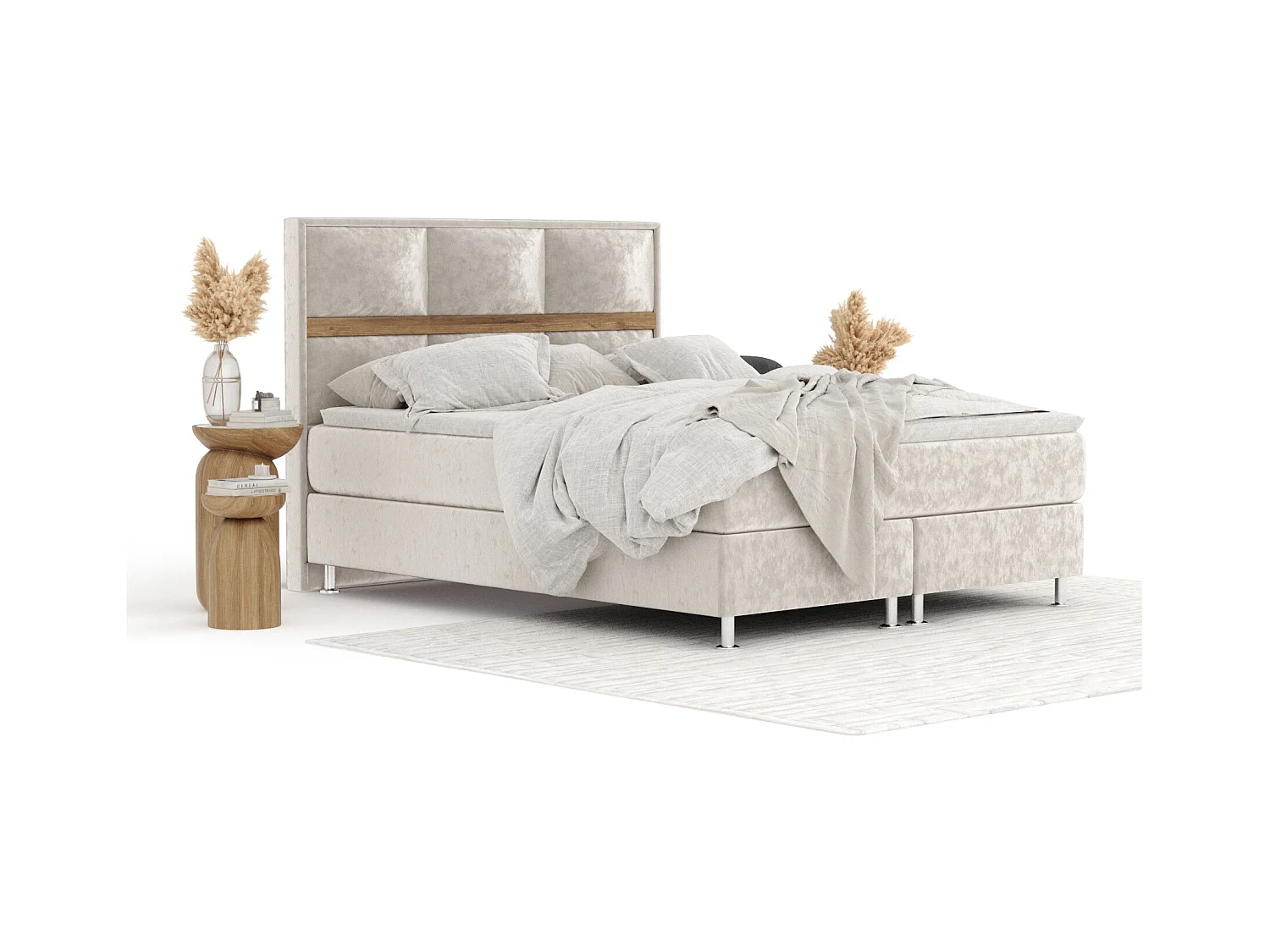 Boxspringbett aus Samtstoff Soto - Matratze - Toppermatratze - 140x200 cm - hellbeige