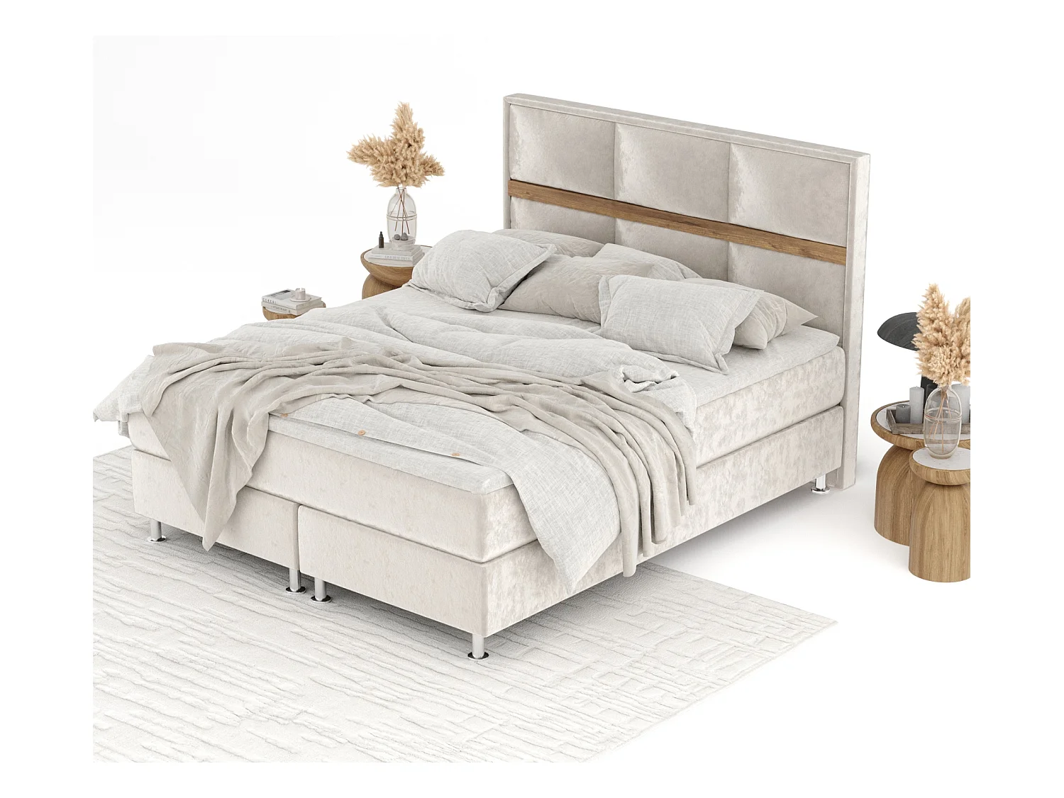 Boxspringbett aus Samtstoff Soto - Matratze - Toppermatratze - 140x200 cm - hellbeige