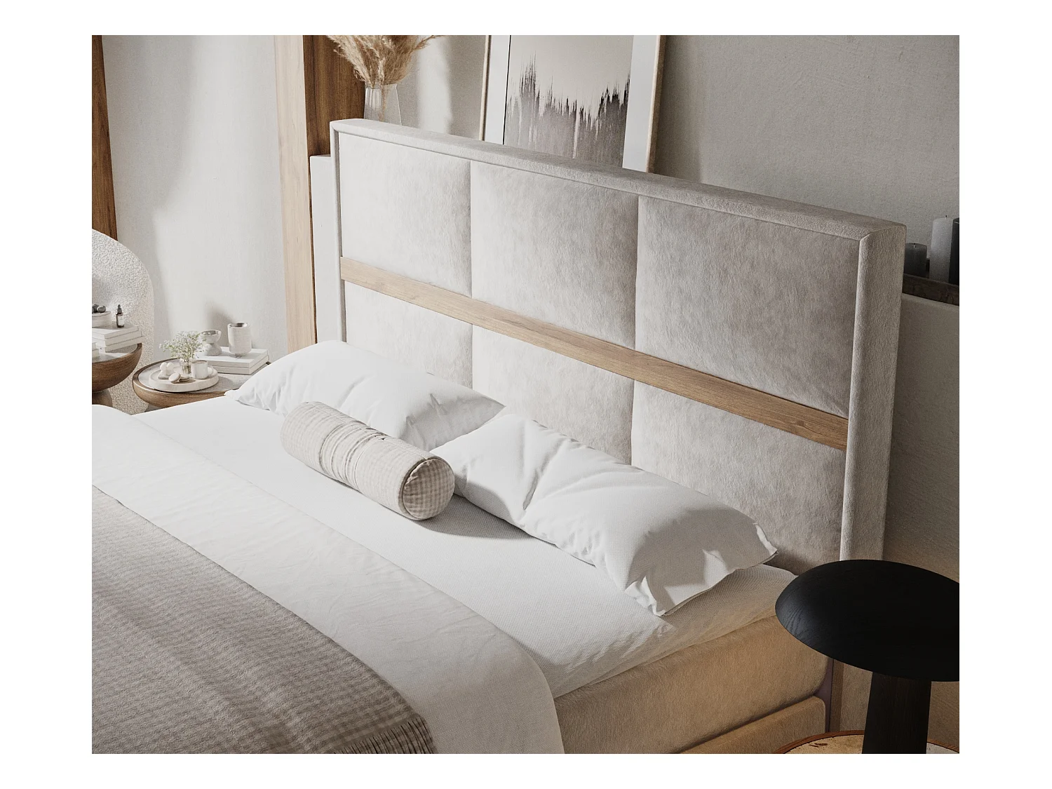 Boxspringbett aus Samtstoff Soto - Matratze - Toppermatratze - 140x200 cm - hellbeige