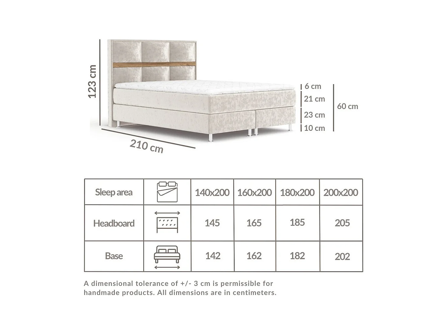 Boxspringbett aus Samtstoff Soto - Matratze - Toppermatratze - 140x200 cm - hellbeige