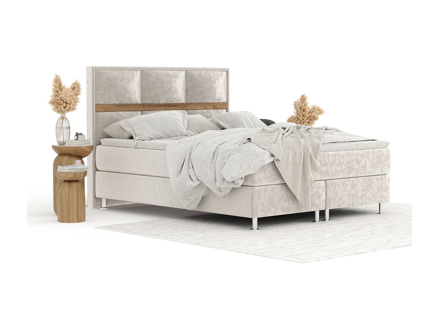 Łóżko boxspring w tkaninie welwetowej Soto - materac - topper - 140x200 cm - jasnobeżowy