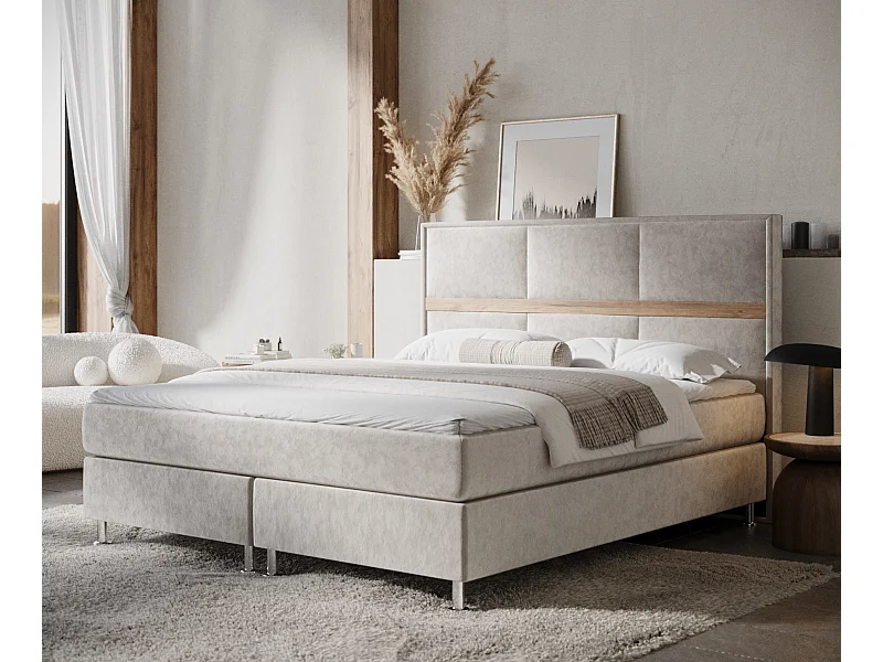 Lit boxspring en tissu velours Soto - matelas - surmatelas - 140x200 cm - beige clair