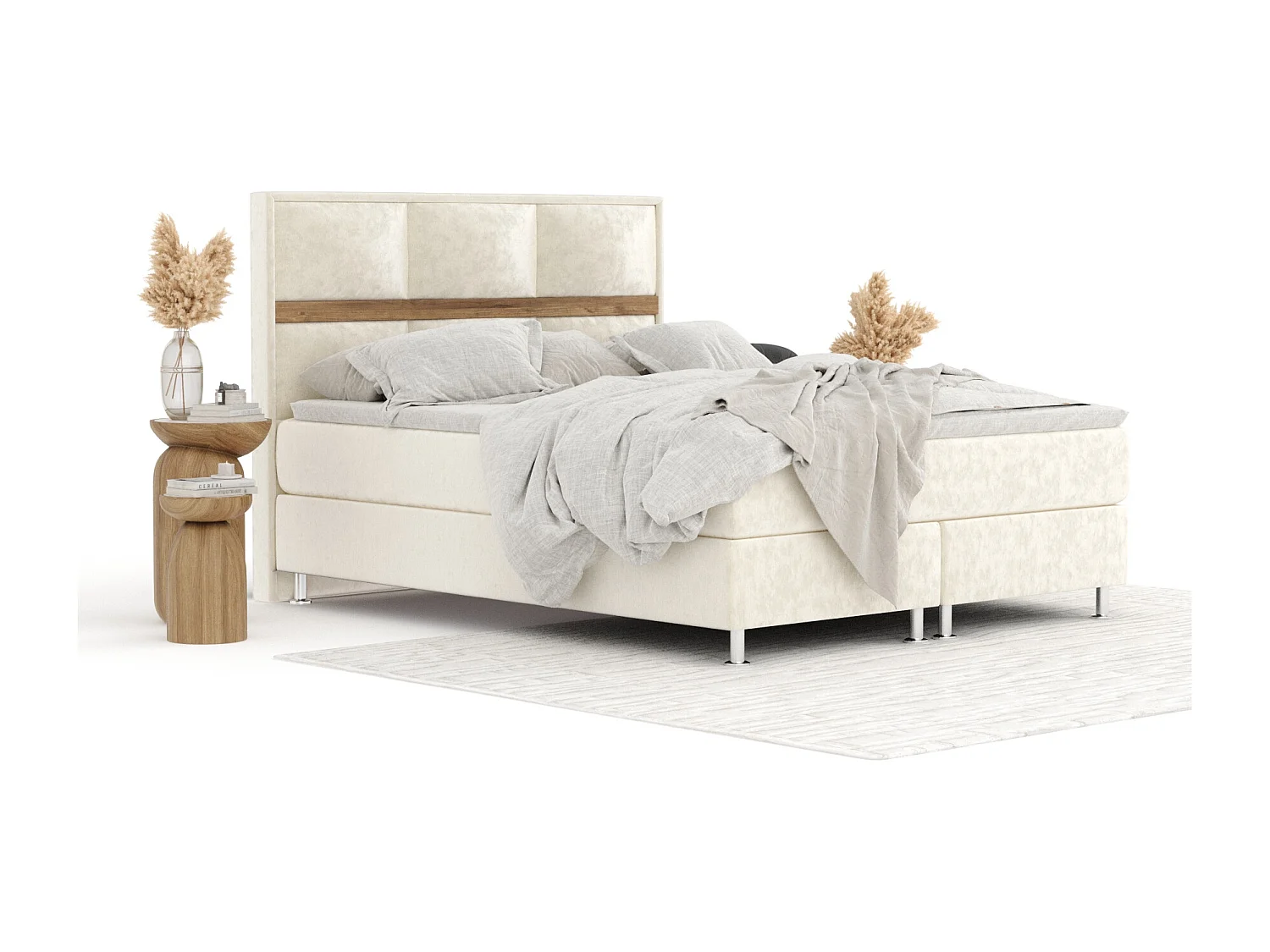 Boxspringbett aus Samtstoff Soto - Matratze - Toppermatratze - 140x200 cm - creme