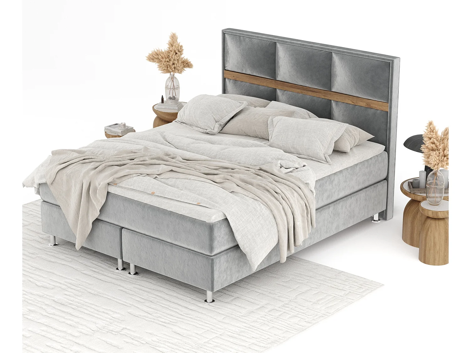 Lit boxspring en tissu velours Soto - matelas - surmatelas - 200x200 cm - gris