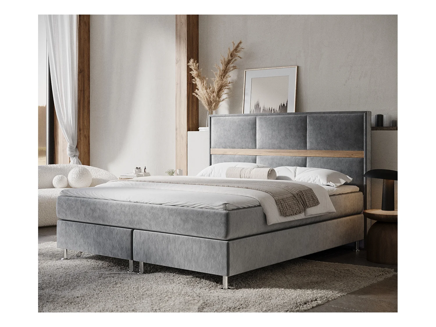 Lit boxspring en tissu velours Soto - matelas - surmatelas - 200x200 cm - gris