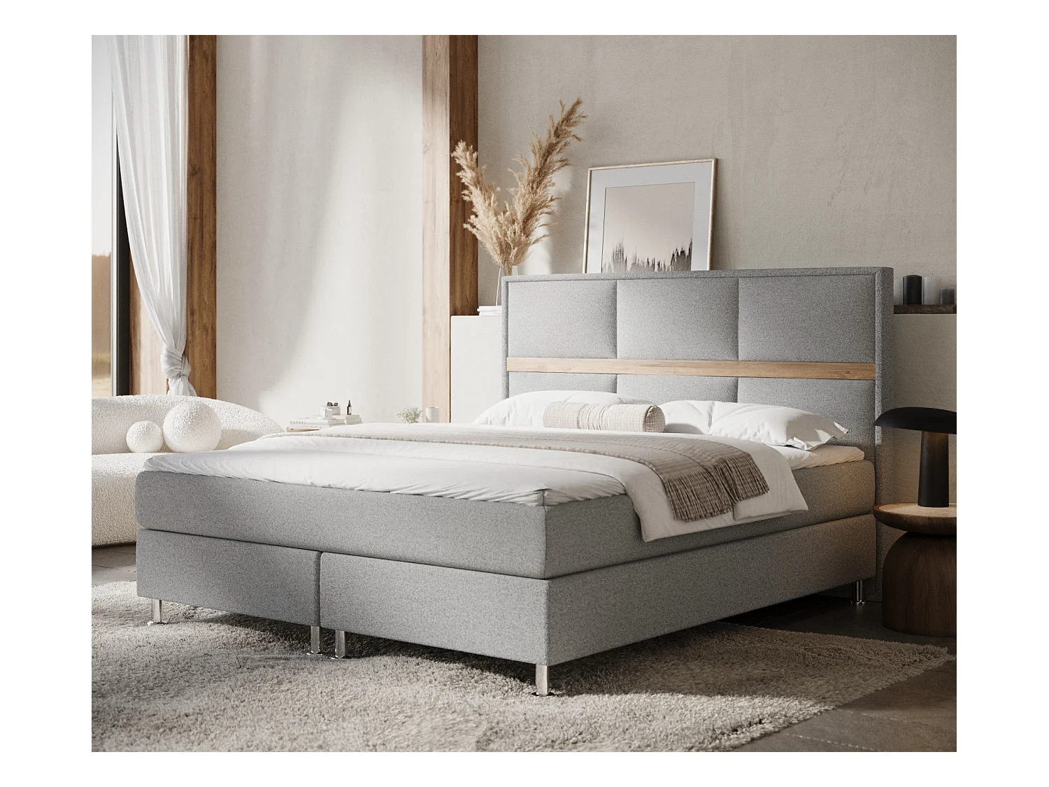 Lit boxspring en toile tissée Soto - matelas - surmatelas - 160x200 cm - gris clair