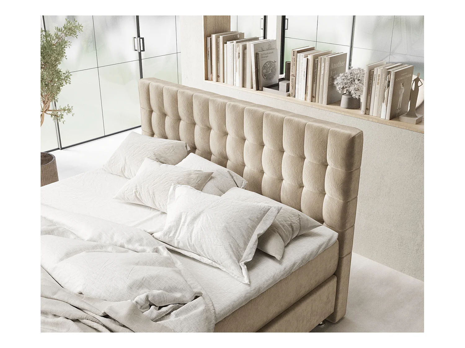 Boxspringbett aus Samtstoff Sorrento - Matratze - Toppermatratze - 160x200 cm - beige
