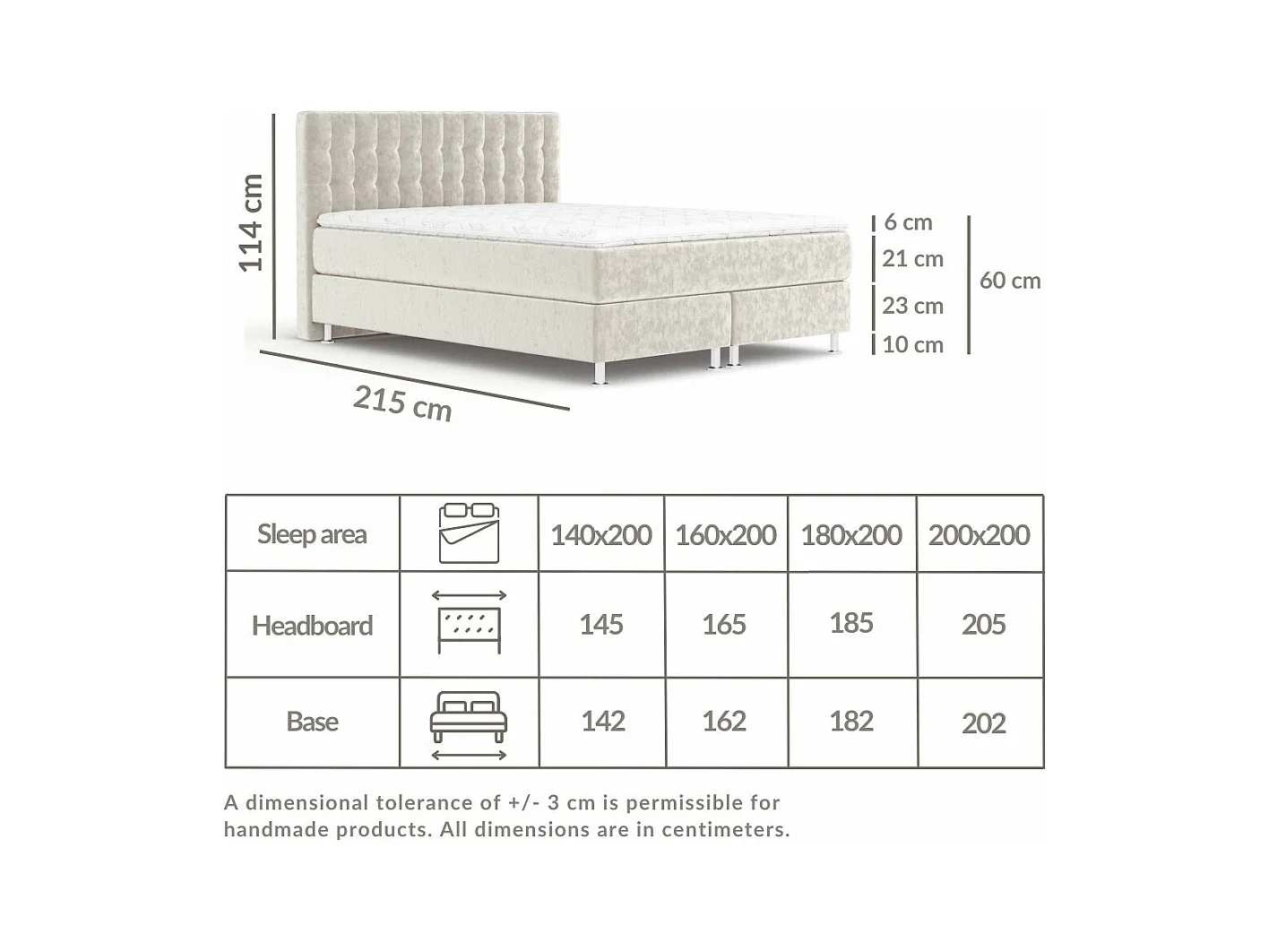 Boxspringbett aus Samtstoff Sorrento - Matratze - Toppermatratze - 160x200 cm - beige