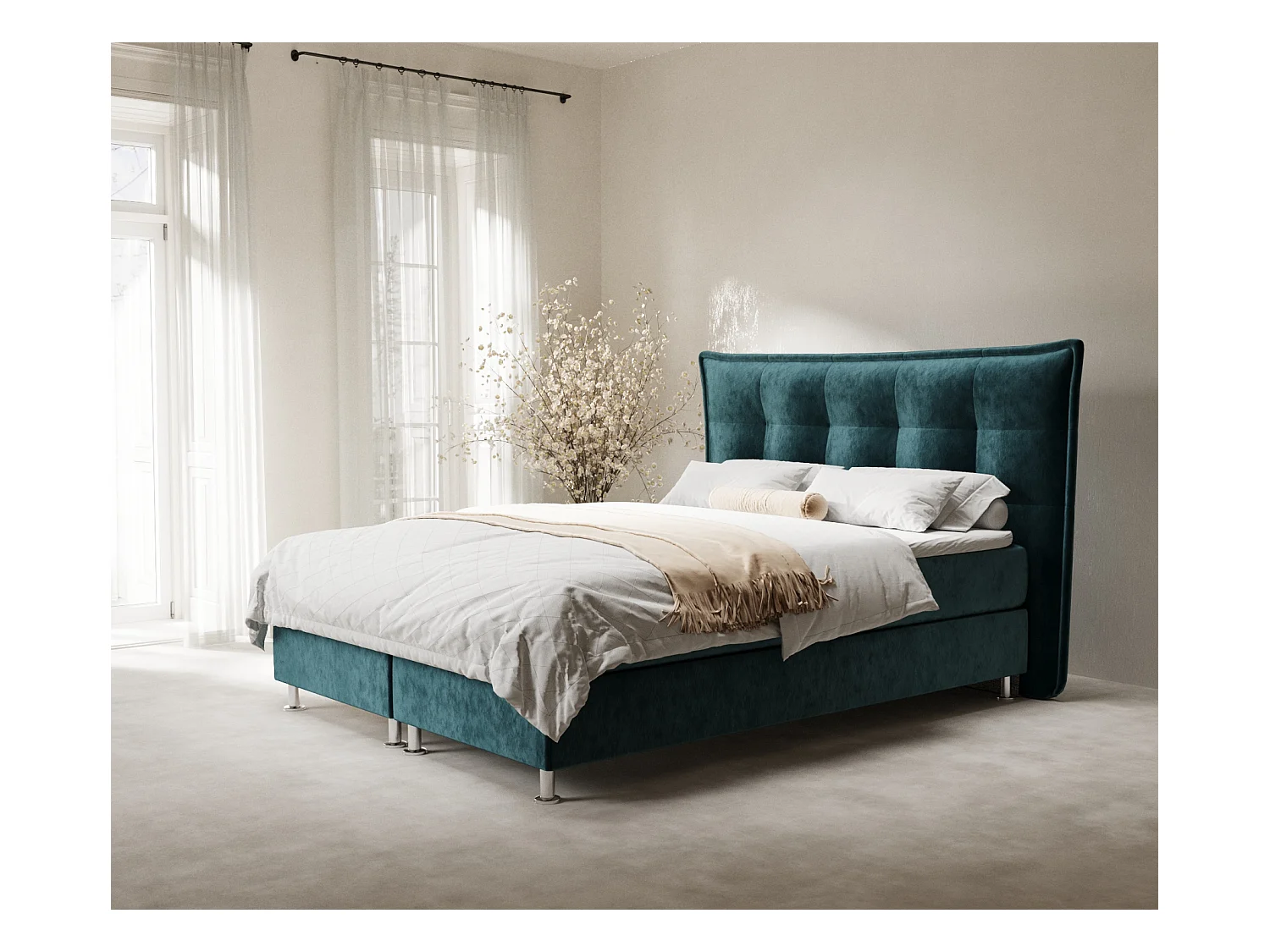 Lit boxspring en tissu velours Minori - matelas - surmatelas - 200x200 cm - turquoise