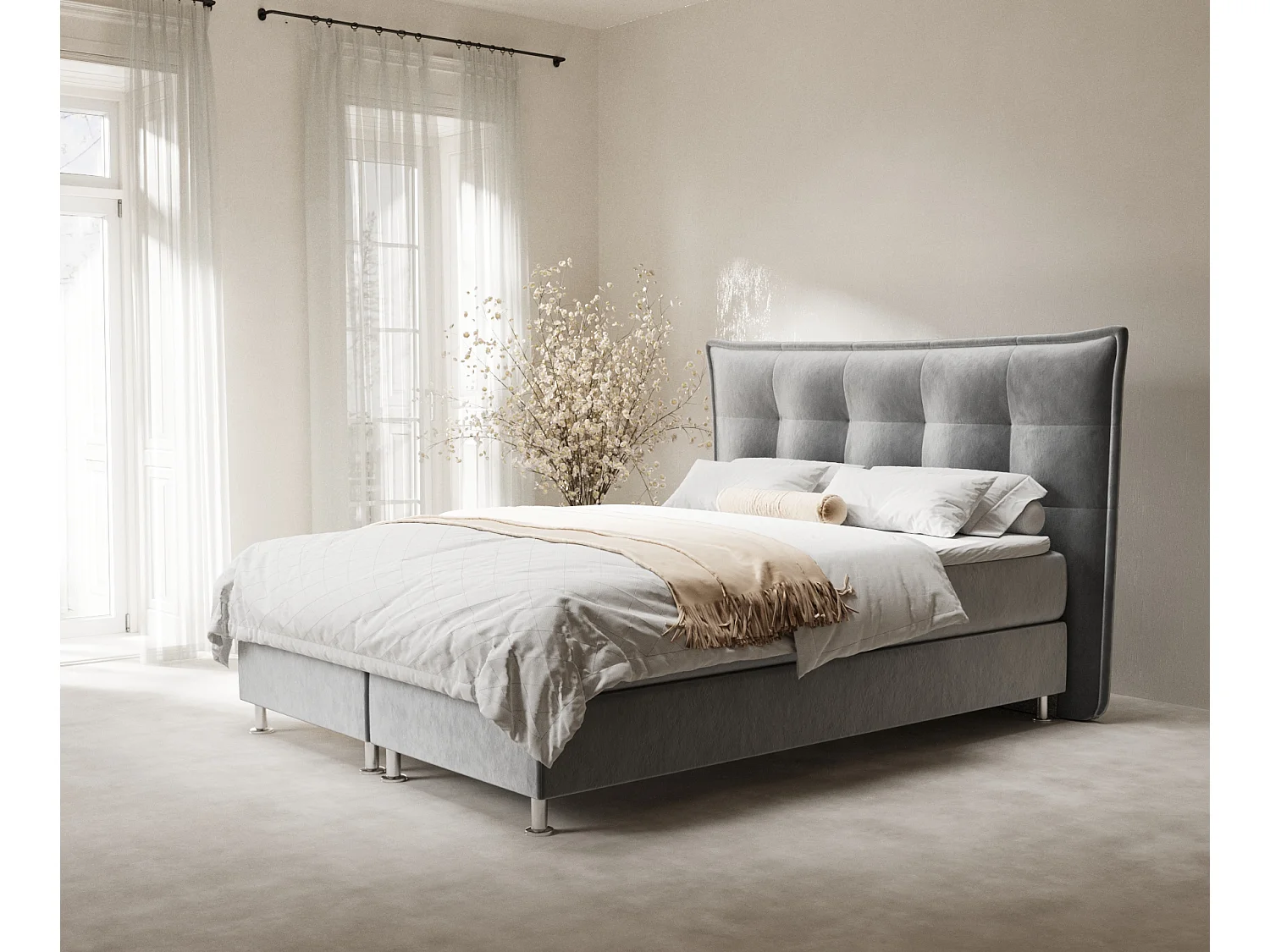 Lit boxspring en tissu velours Minori - matelas - surmatelas - 200x200 cm - gris