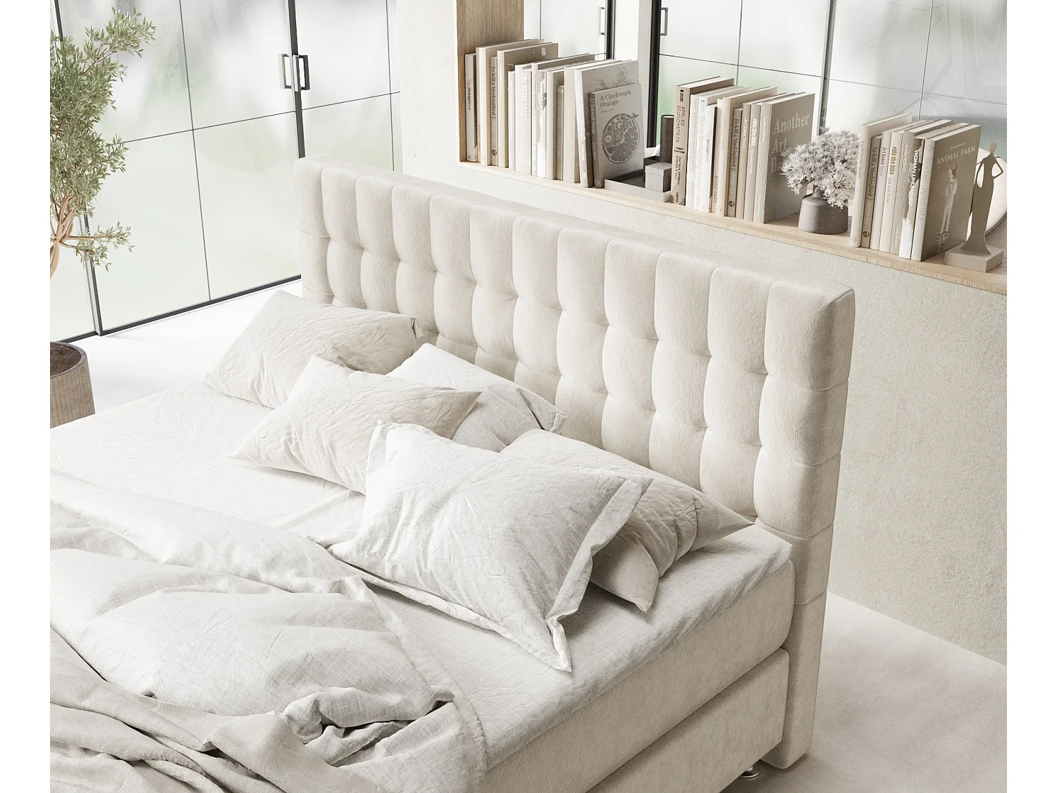 Boxspringbett aus Samtstoff Sorrento - Matratze - Toppermatratze - 140x200 cm - hellbeige