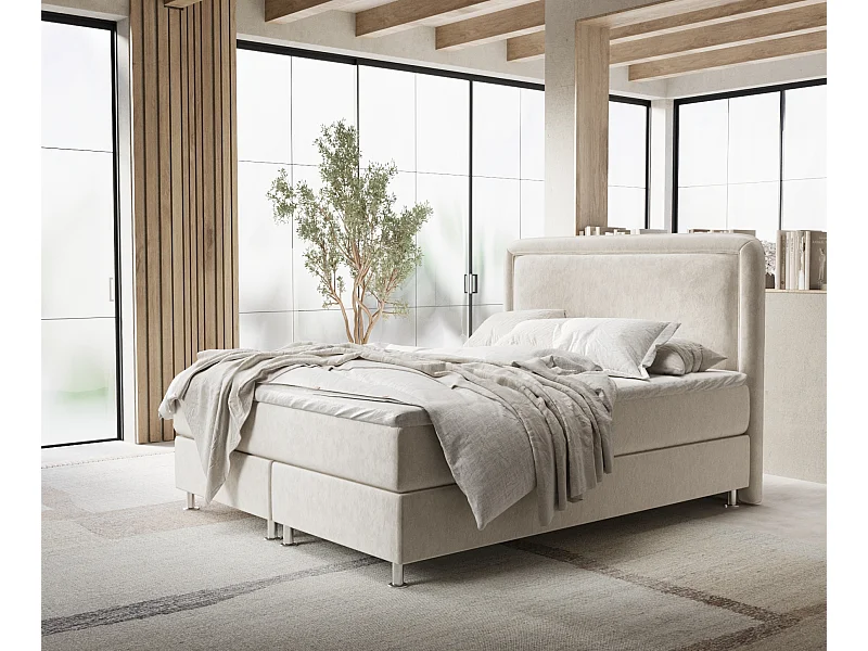 Łóżko boxspring w tkaninie welwetowej Salvi - materac - topper - 140x200 cm - jasnobeżowy