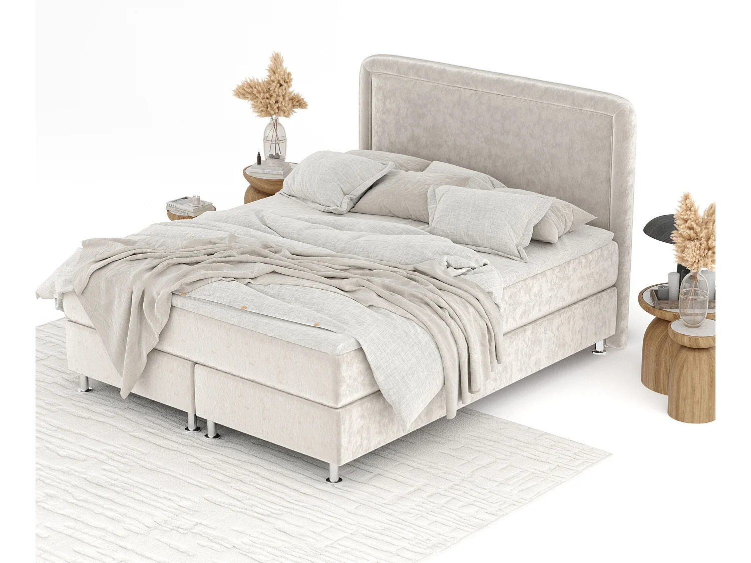 Boxspringbett aus Samtstoff Salvi - Matratze - Toppermatratze - 140x200 cm - hellbeige