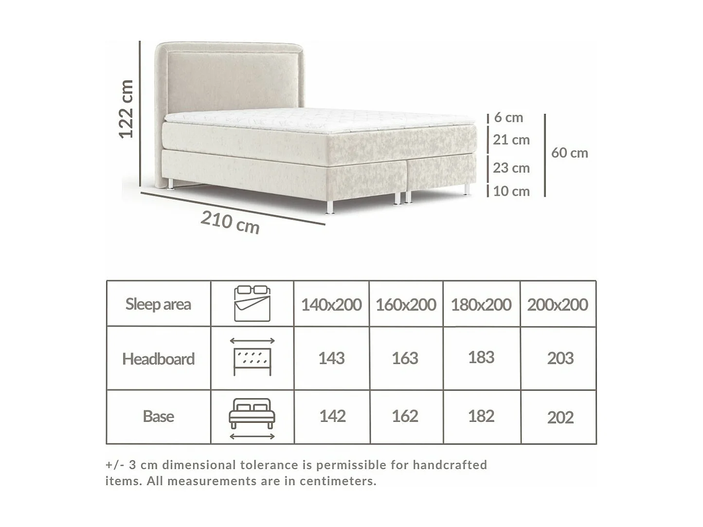 Boxspringbett aus Samtstoff Salvi - Matratze - Toppermatratze - 140x200 cm - hellbeige