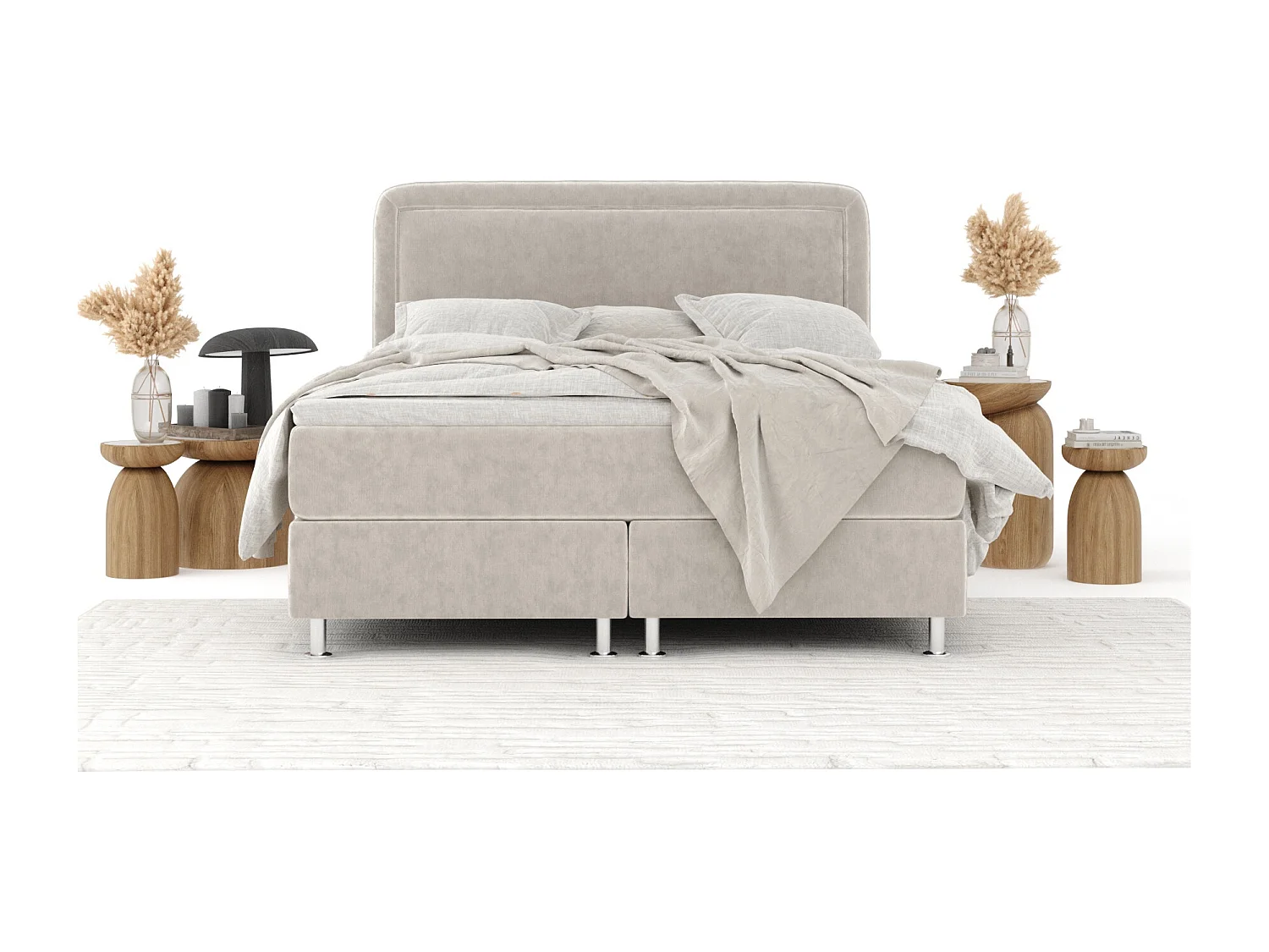 Boxspringbett aus Samtstoff Salvi - Matratze - Toppermatratze - 140x200 cm - hellbeige