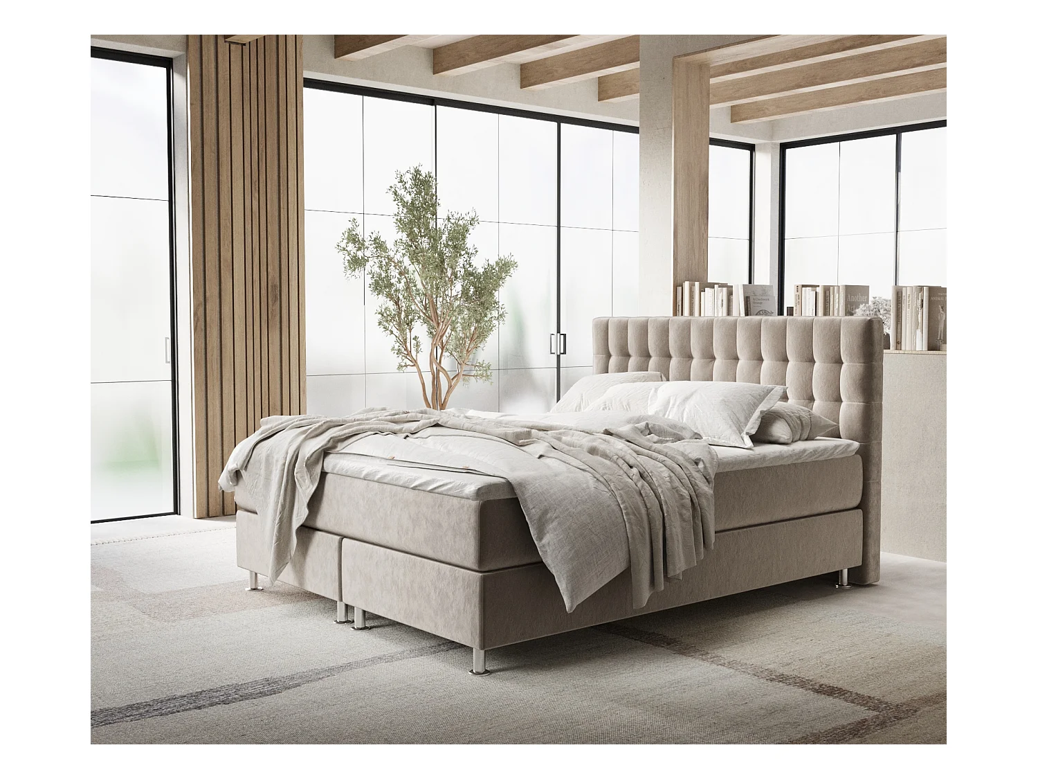 Lit boxspring en tissu velours Sorrento - matelas - surmatelas - 200x200 cm - taupe
