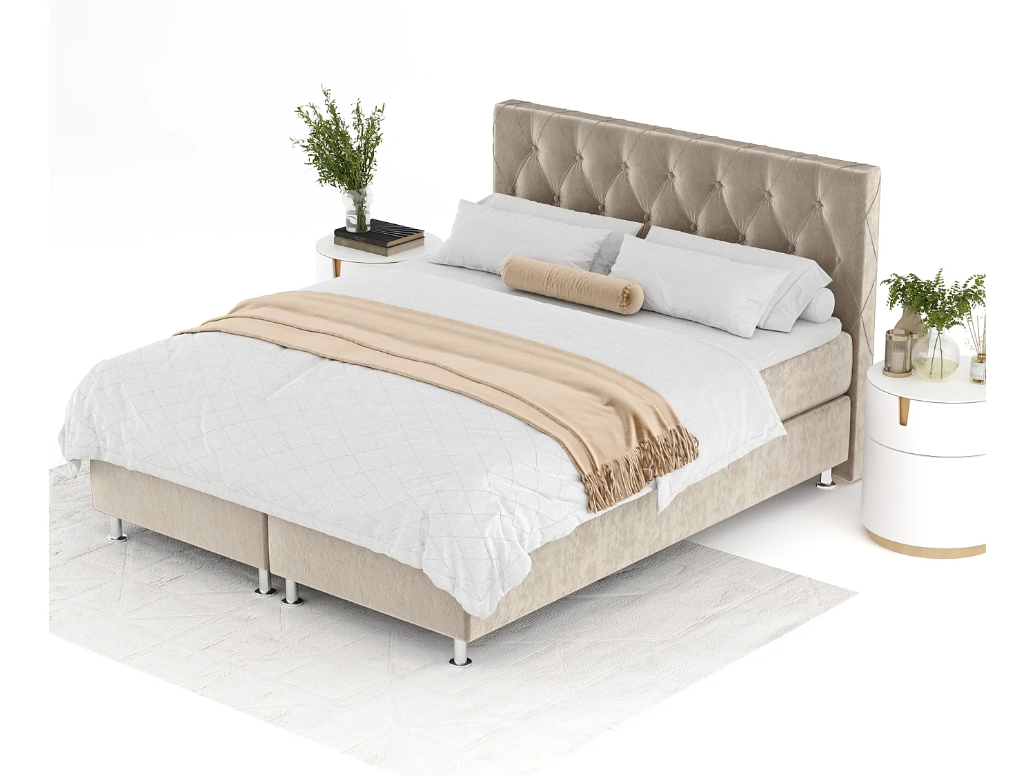 Boxspringbett aus Samtstoff Otus - Matratze - Toppermatratze - 140x200 cm - beige