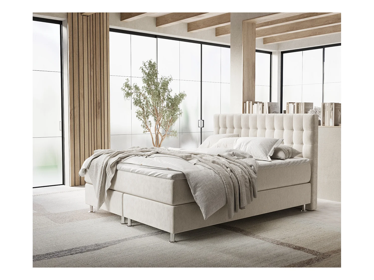 Lit boxspring en tissu velours Sorrento - matelas - surmatelas - 140x200 cm - beige clair