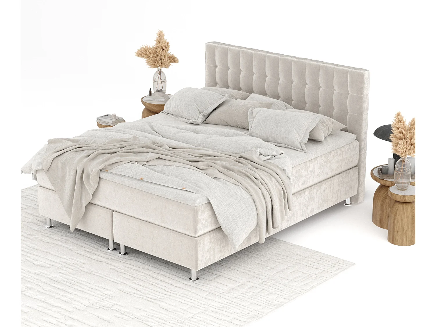 Lit boxspring en tissu velours Sorrento - matelas - surmatelas - 140x200 cm - beige clair