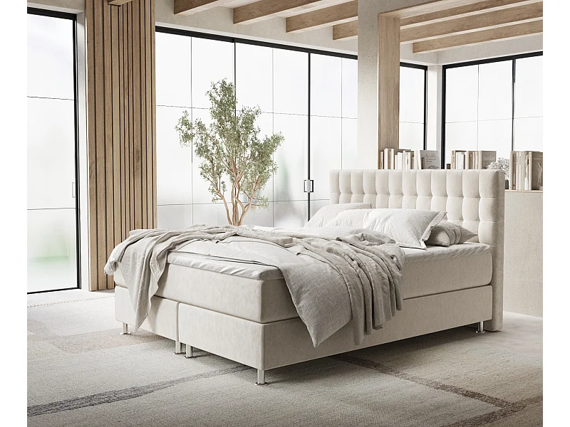 Lit boxspring en tissu velours Sorrento - matelas - surmatelas - 140x200 cm - beige clair