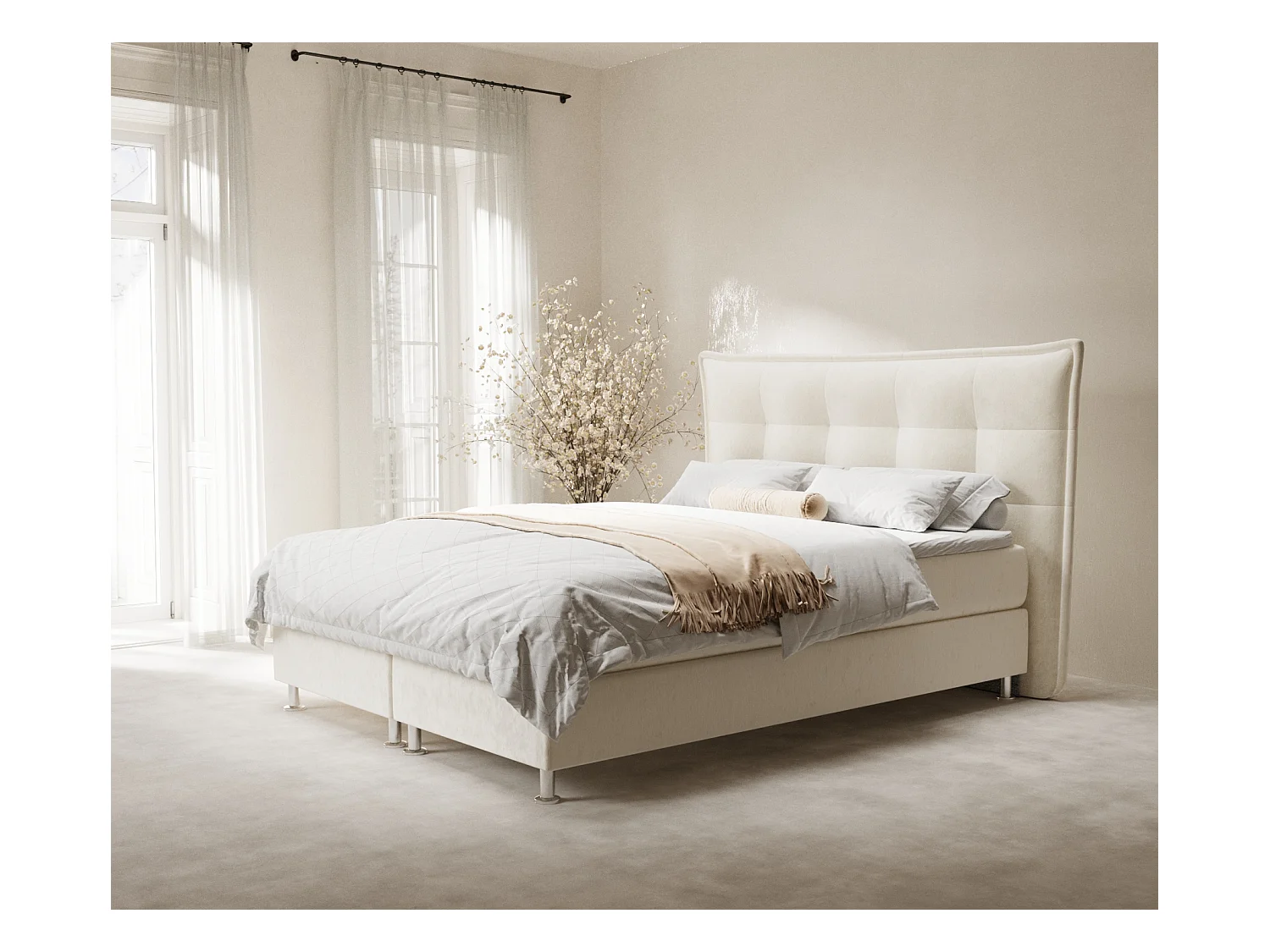 Lit boxspring en tissu velours Minori - matelas - surmatelas - 160x200 cm - creme