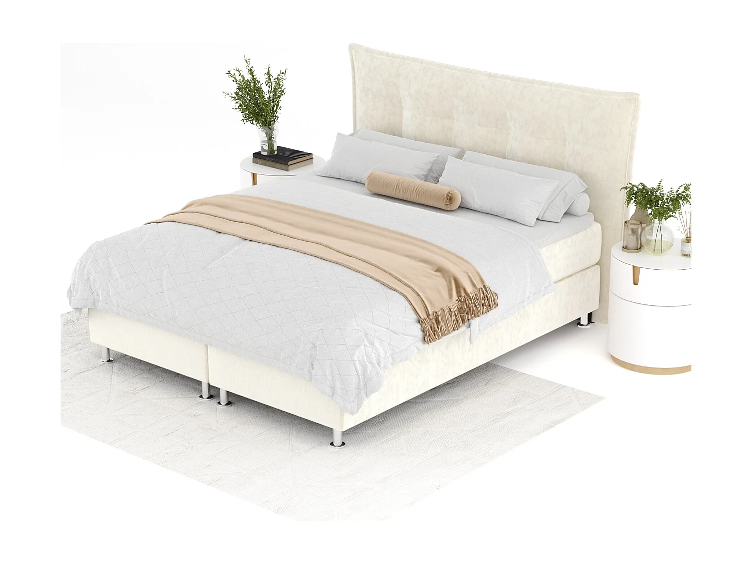 Boxspringbett aus Samtstoff Minori - Matratze - Toppermatratze - 160x200 cm - creme