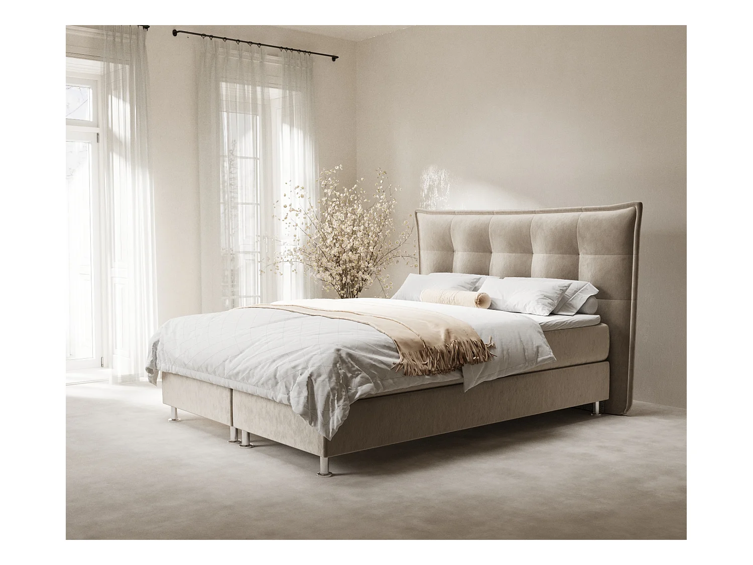 Lit boxspring en tissu velours Minori - matelas - surmatelas - 160x200 cm - beige