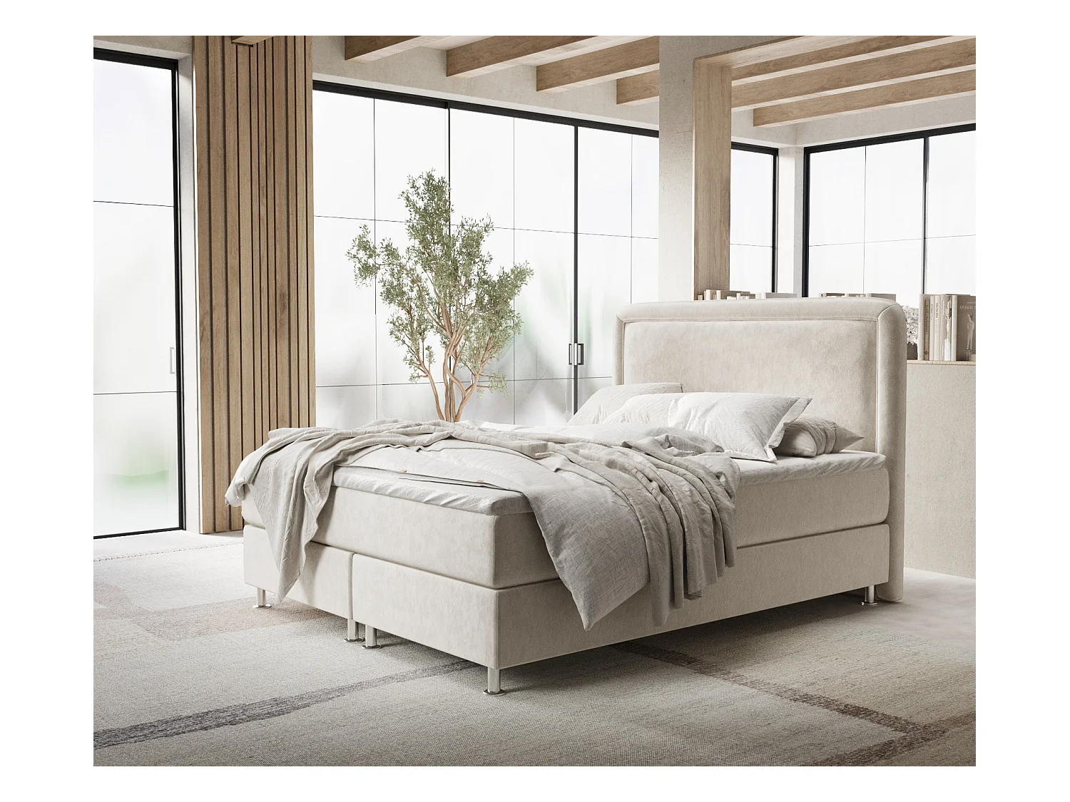 Lit boxspring en tissu velours Salvi - matelas - surmatelas - 140x200 cm - beige clair