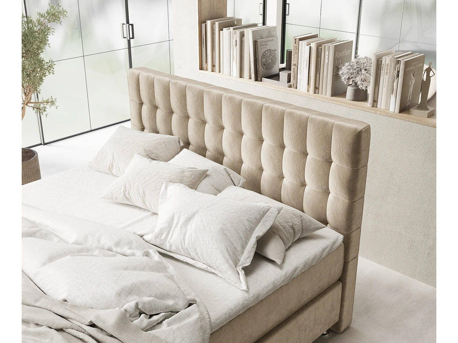 Lit boxspring en tissu velours Sorrento - matelas - surmatelas - 200x200 cm - beige