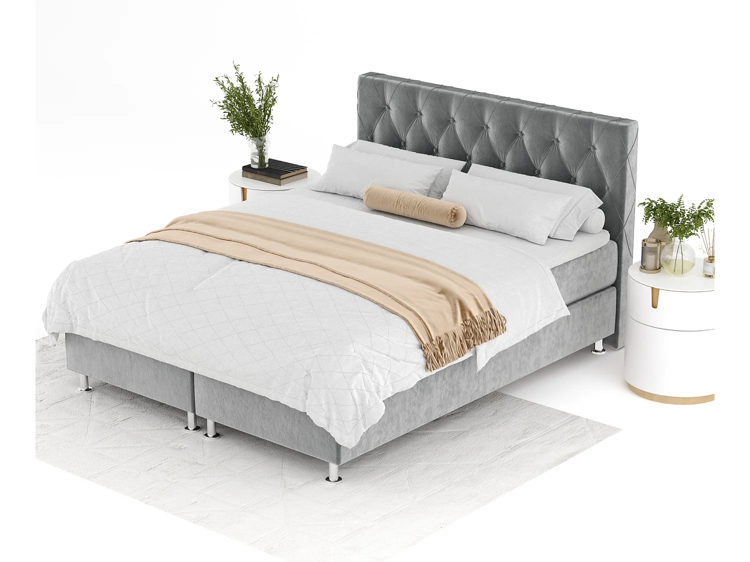 Boxspringbett aus Samtstoff Otus - Matratze - Toppermatratze - 180x200 cm - grau