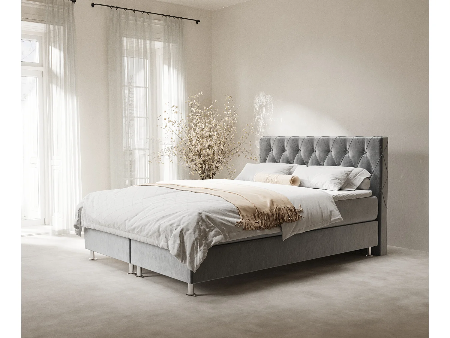 Lit boxspring en tissu velours Otus - matelas - surmatelas - 180x200 cm - gris