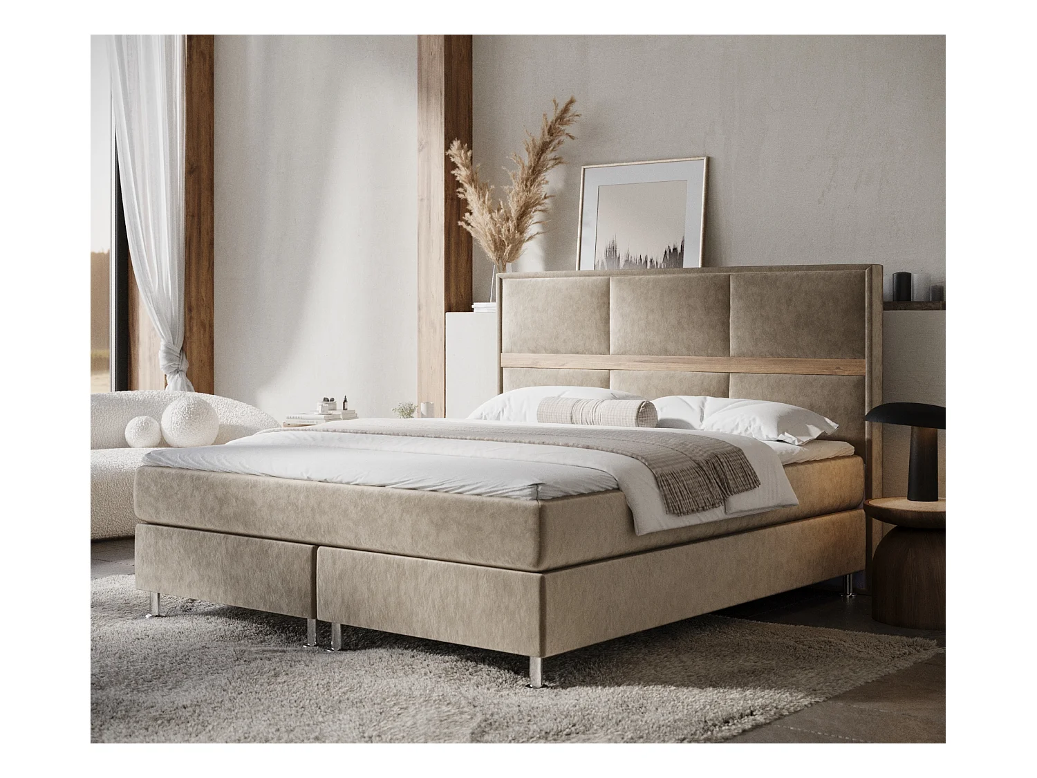 Lit boxspring en tissu velours Soto - matelas - surmatelas - 200x200 cm - beige