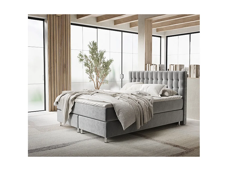 Lit boxspring en tissu velours Sorrento - matelas - surmatelas - 200x200 cm - gris