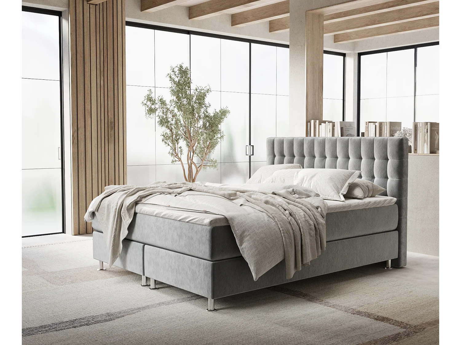 Boxspringbett aus Samtstoff Sorrento - Matratze - Toppermatratze - 200x200 cm - grau