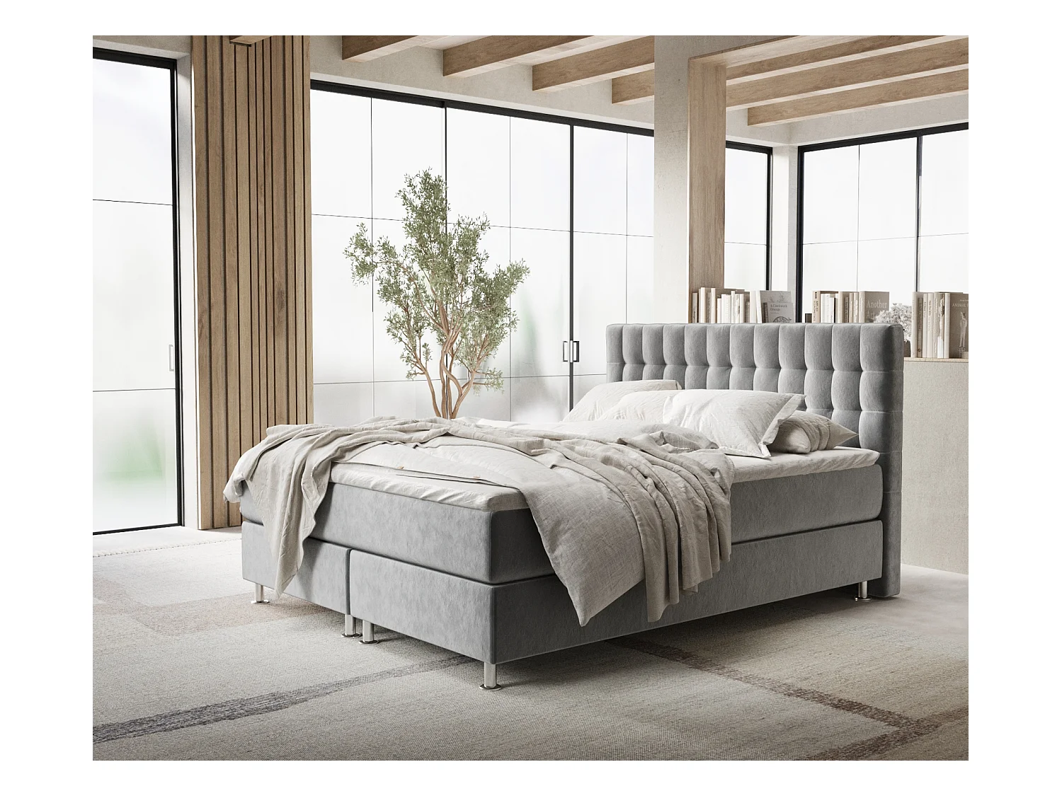 Lit boxspring en tissu velours Sorrento - matelas - surmatelas - 200x200 cm - gris