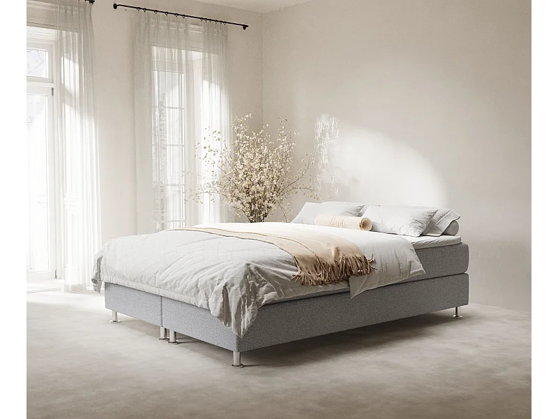 Łóżko boxspring w tkaninie plecionej Sub - materac - topper - 180x200 cm - jasnoszary