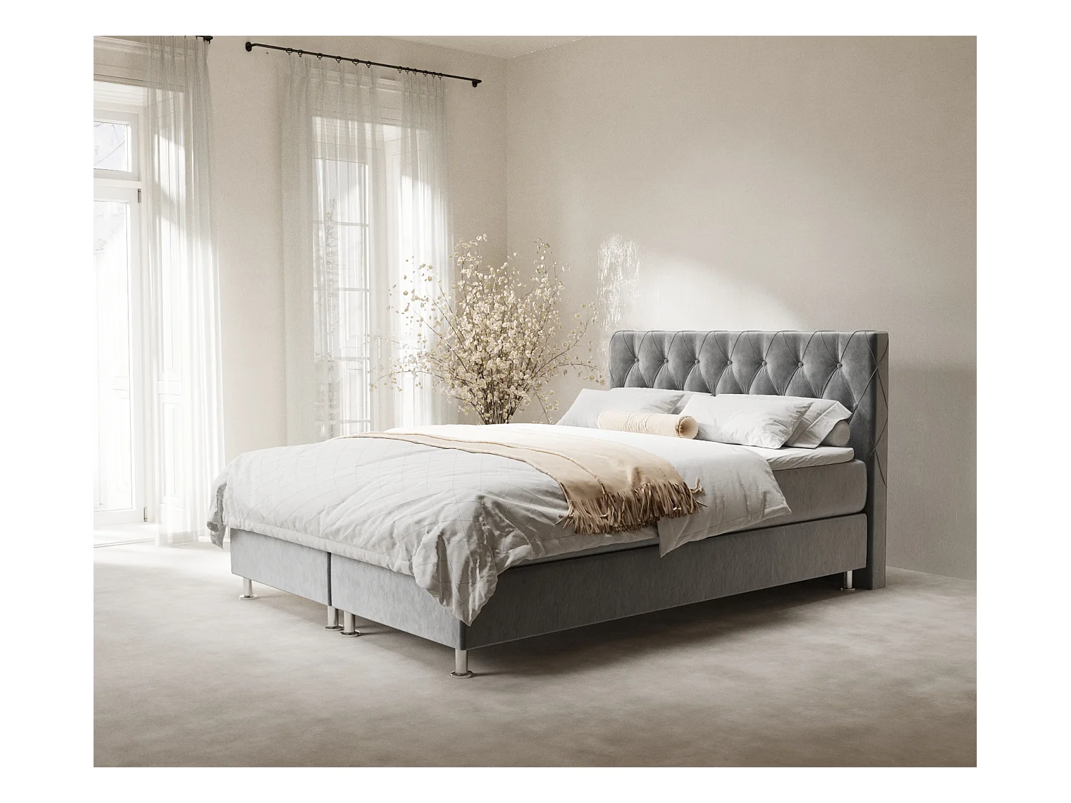 Lit boxspring en tissu velours Otus - matelas - surmatelas - 160x200 cm - gris