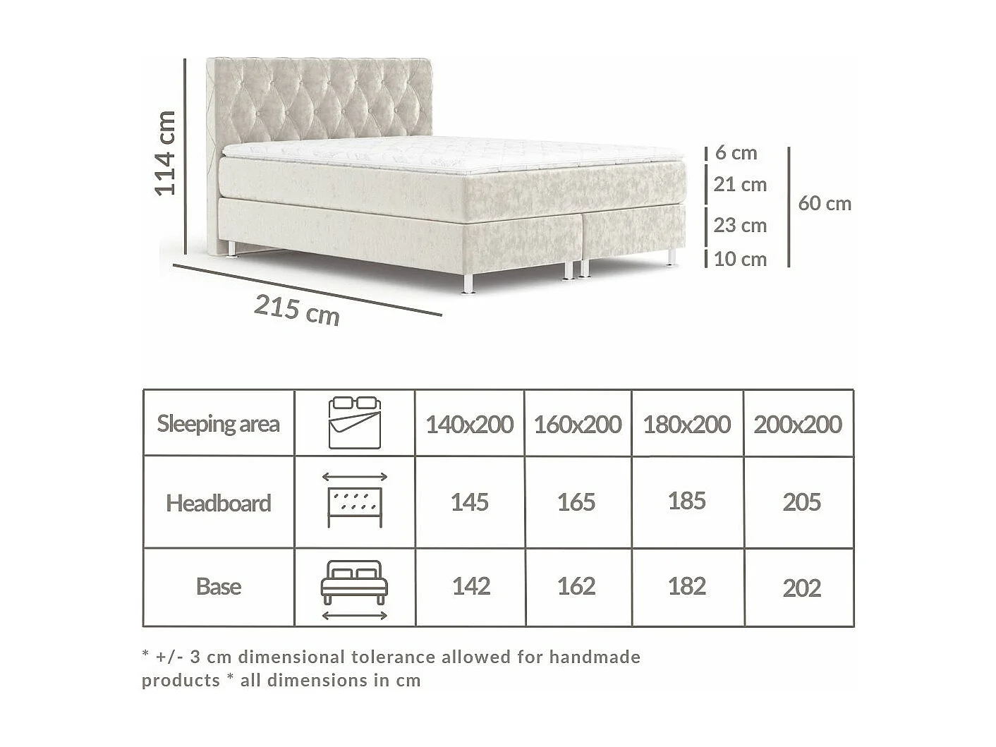Boxspringbett aus Samtstoff Otus - Matratze - Toppermatratze - 160x200 cm - grau