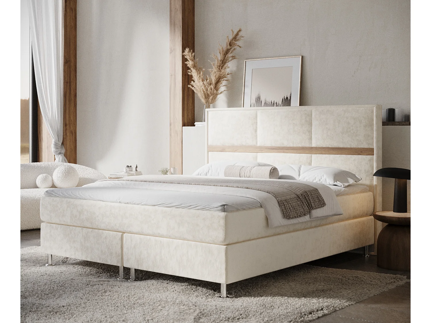 Lit boxspring en tissu velours Soto - matelas - surmatelas - 180x200 cm - creme