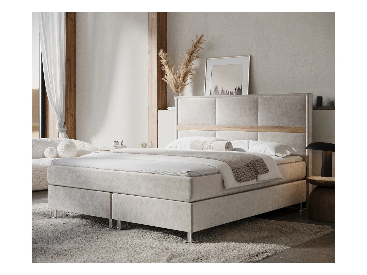 Lit boxspring en tissu velours Soto - matelas - surmatelas - 140x200 cm - beige clair