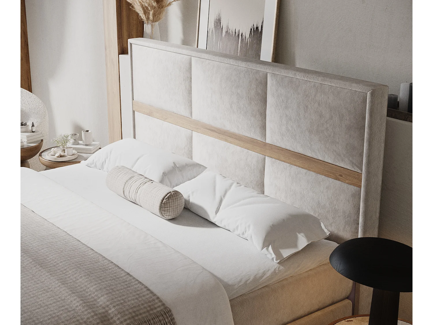 Boxspringbett aus Samtstoff Soto - Matratze - Toppermatratze - 140x200 cm - hellbeige