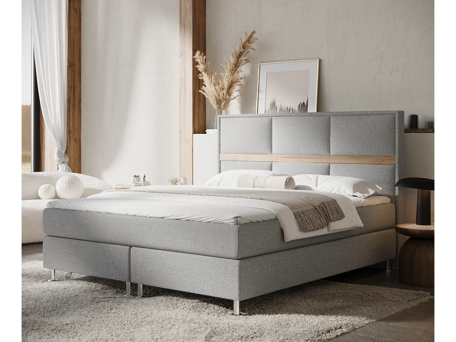 Boxspringbett aus Webstoff Soto - Matratze - Toppermatratze - 200x200 cm - hellgrau