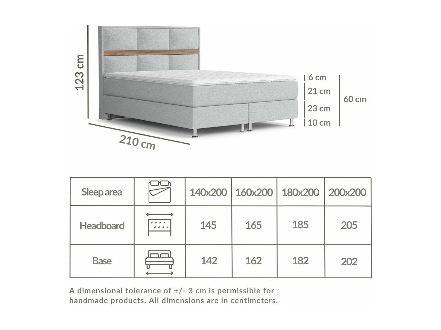 Boxspringbett aus Webstoff Soto - Matratze - Toppermatratze - 200x200 cm - hellgrau