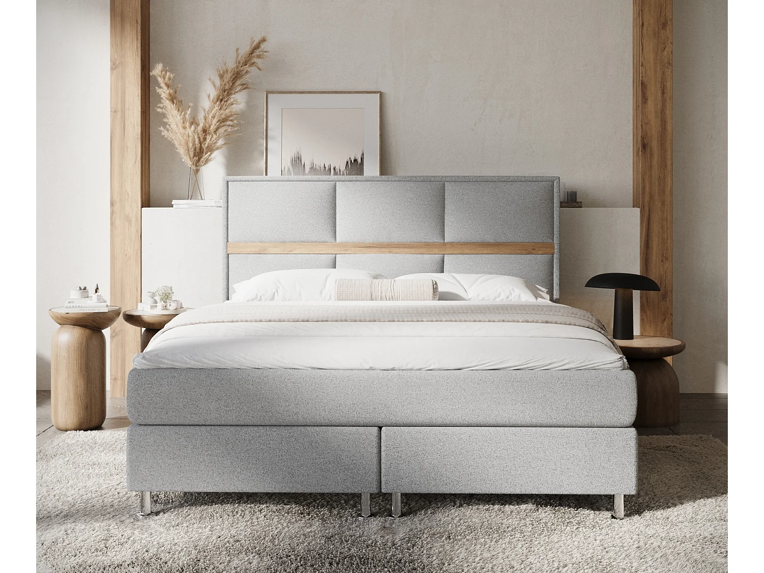 Boxspringbett aus Webstoff Soto - Matratze - Toppermatratze - 200x200 cm - hellgrau