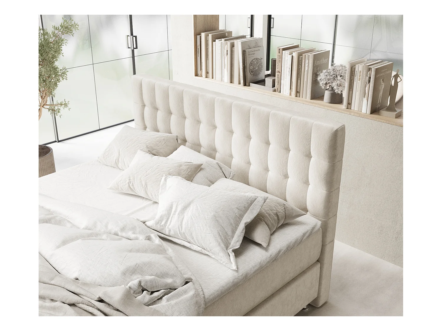 Boxspringbett aus Samtstoff Sorrento - Matratze - Toppermatratze - 140x200 cm - hellbeige