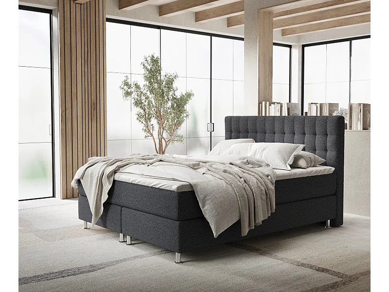 Łóżko boxspring w tkaninie plecionej Sorrento - materac - topper - 160x200 cm - czarny