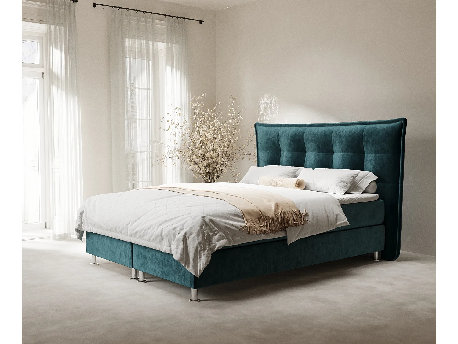 Boxspringbett aus Samtstoff Minori - Matratze - Toppermatratze - 140x200 cm - türkisfarbe